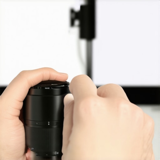 Hands checking camera lens for dust with a flashlight in a studio setup