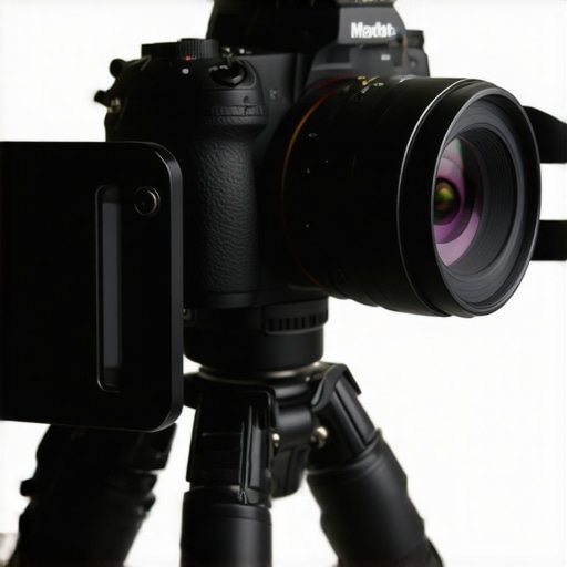 Close-up of a camera with an open battery door and dummy battery cable to prevent overheating during filming.