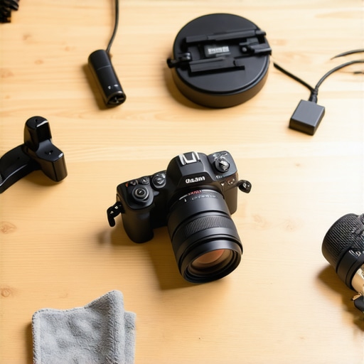 Close up of cleaning a professional camera lens on a studio desk
