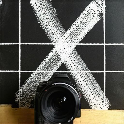 Chalkboard Calibration Target for Lens Focus A chalkboard with high-contrast markings used for manual camera lens calibration in a studio setup.