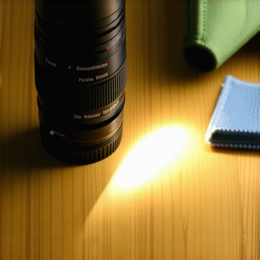 A content creator performing a maintenance check on a camera lens using a flashlight to find dust.