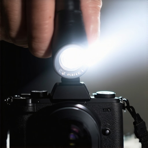 A content creator performing a sensor dust check using a flashlight on a mirrorless camera.