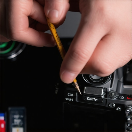 A content creator performing studio gear maintenance by cleaning camera battery contacts with a pencil eraser.