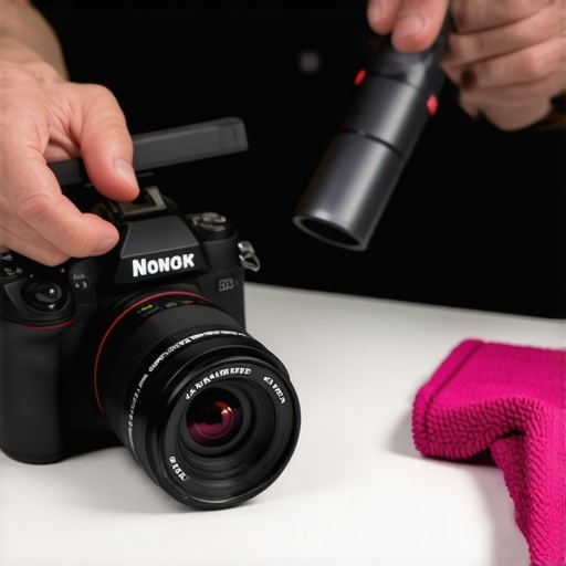 Creator cleaning camera gear with an air blower to prevent dust spots on video footage