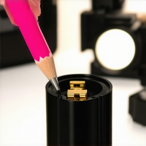 A close-up of a person using a pencil eraser to clean camera battery contacts to prevent corrosion.