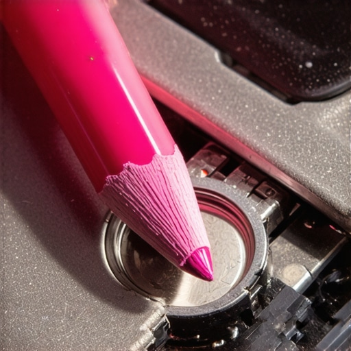 Close-up of a pink eraser scrubbing corrosion off camera battery terminals
