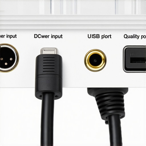 Close-up of a DC power cable being plugged into a professional audio interface to improve sound quality.
