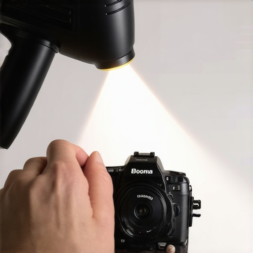 Close-up of cleaning a camera sensor with a flashlight and air blower