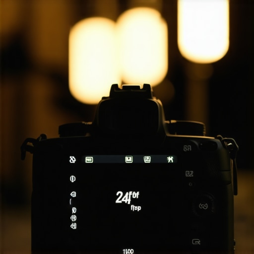 Close-up of camera settings showing the 180-degree rule with 24fps and 1/50 shutter speed.