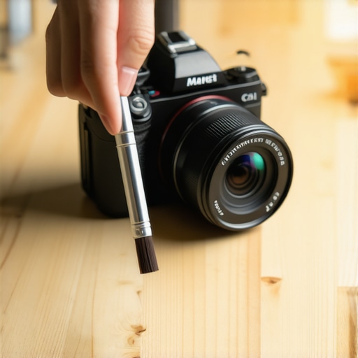 A person cleaning camera ports with a straw and brush