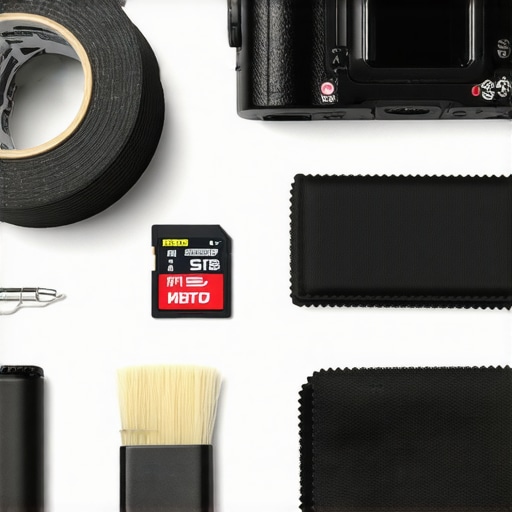 A collection of essential tools for maintaining camera and audio gear in a home studio.