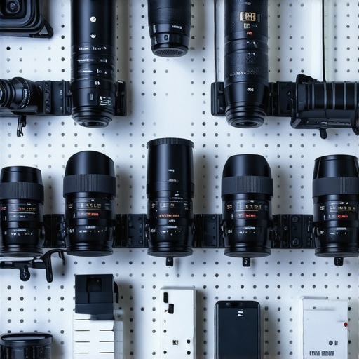 A modern, highly organized camera and microphone gear wall built on a black metal pegboard.