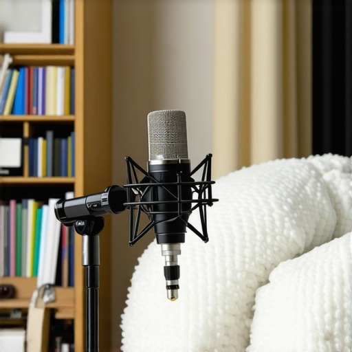 A home studio microphone surrounded by soft materials to improve sound quality.