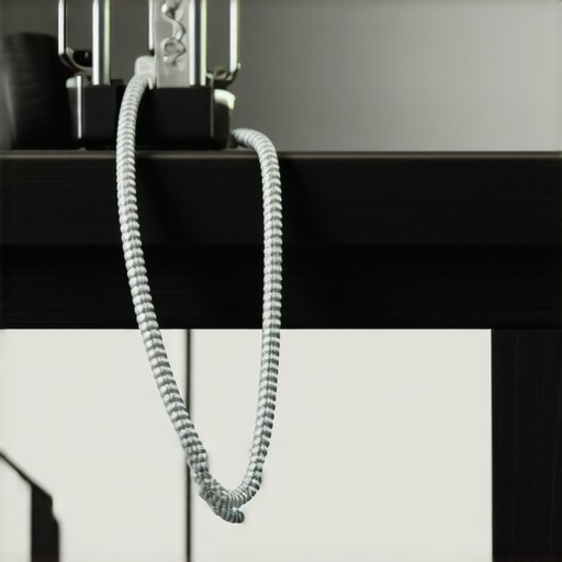 A large binder clip being used to organize a headphone cable on a wooden desk edge.