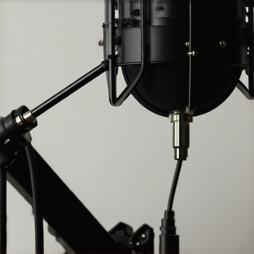 DIY Bungee Cord Tension Hack on Boom Arm A close-up of a microphone boom arm stabilized with an elastic bungee cord