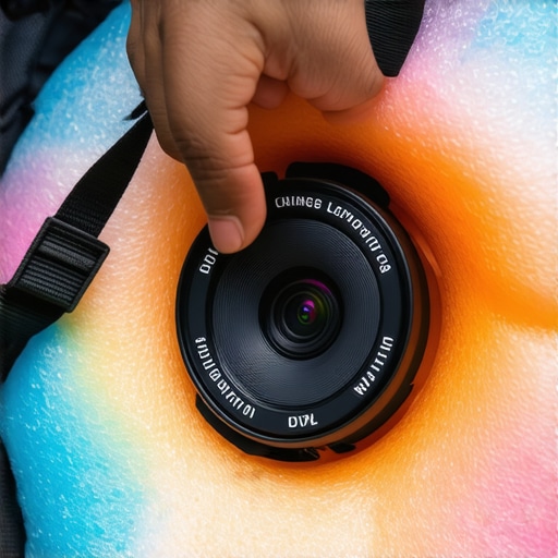 A camera lens protected by a foam pool noodle disk inside a bag