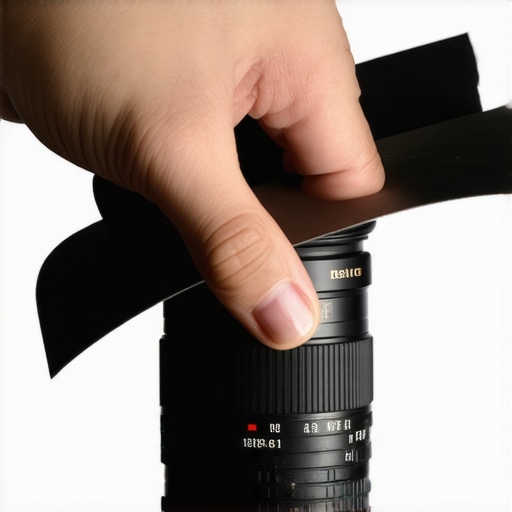 A hand using black cardboard to flag light away from a camera lens