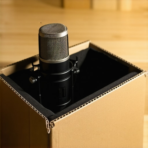 A homemade microphone isolation booth made from a cardboard box and a towel on a creator's desk.
