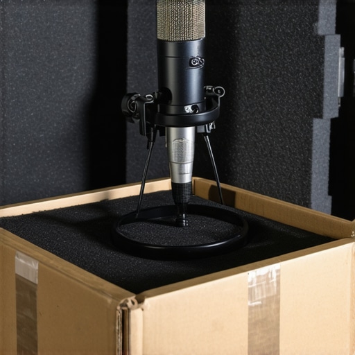A professional microphone placed inside a cardboard box lined with acoustic foam for better sound isolation.
