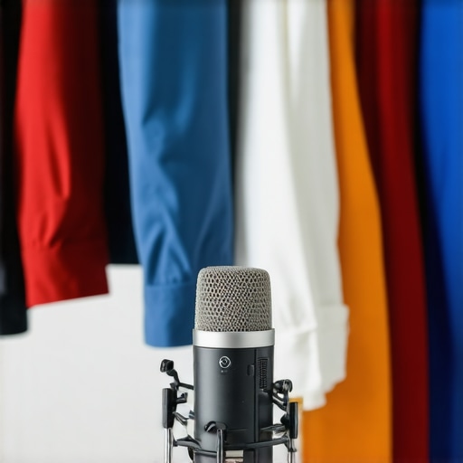 A microphone inside a closet surrounded by clothes to improve audio quality.