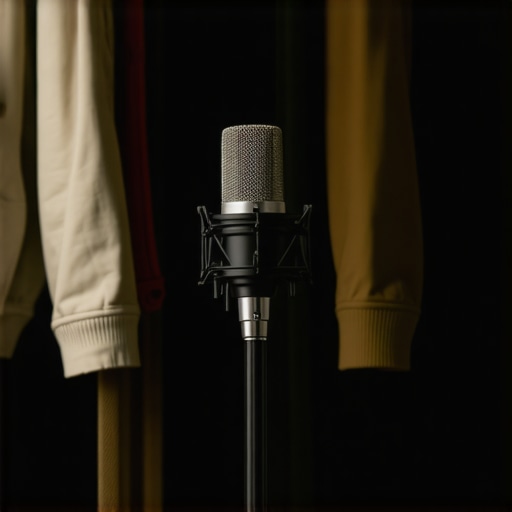 A microphone positioned inside a closet with heavy clothes used as acoustic treatment.