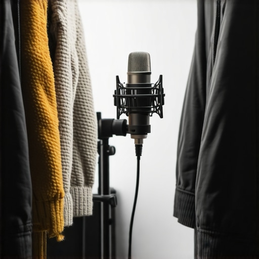 DIY Closet Vocal Booth Setup with Clothing Insulation Professional microphone setup inside a clothes closet with heavy winter coats for sound absorption.