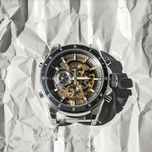 Close up of crumpled aluminum foil reflecting light onto a mechanical watch movement for macro photography.