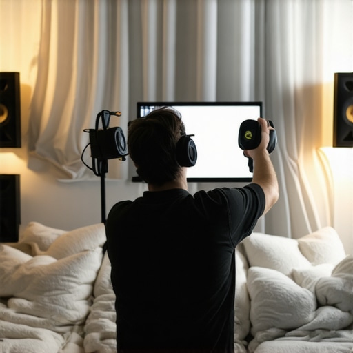A creator using household items like pillows and rugs to improve room audio acoustics.