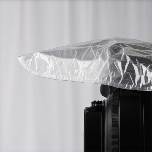 A camera lens being protected by a shower cap to prevent dust ingress.