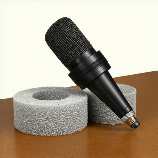 A professional microphone isolated from desk vibrations using simple sponges.