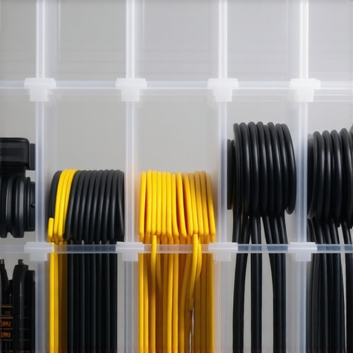 A plastic bin showing vertical cable organization with cardboard dividers for a content creator studio