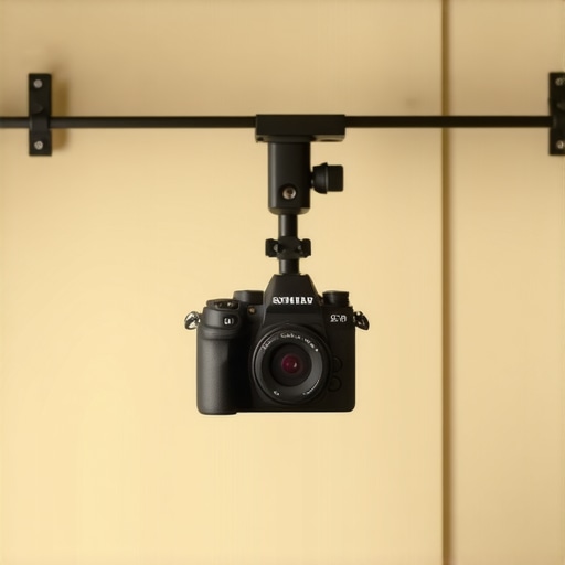 A professional camera setup using a tension rod and super clamp for overhead shots.