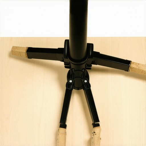 DIY Plywood C-Stand Stabilizer Close-up of a C-stand secured to a custom plywood base for stability.