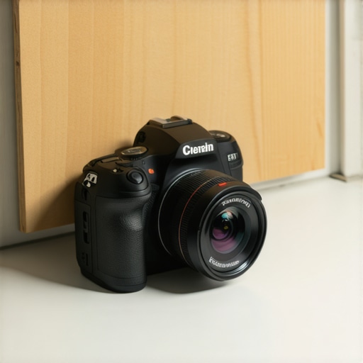 Close-up of a plywood plate used to stabilize a camera mount on a thin shelf.