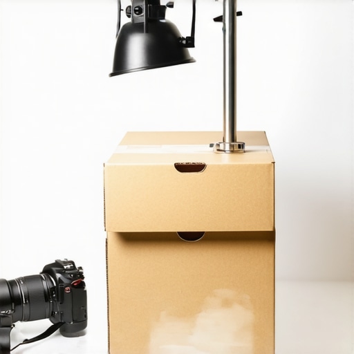 A desk lamp elevated and tilted using cardboard boxes for better video lighting.