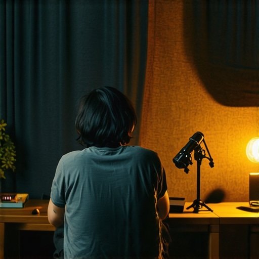 A content creator hanging moving blankets on a wall to improve room acoustics for a microphone setup.