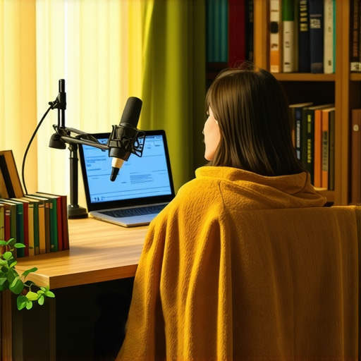 A creator setup showing how books and blankets improve room acoustics for better microphone recordings.