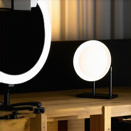 A desk setup showing a side light with a paper plate diffuser for soft video lighting.