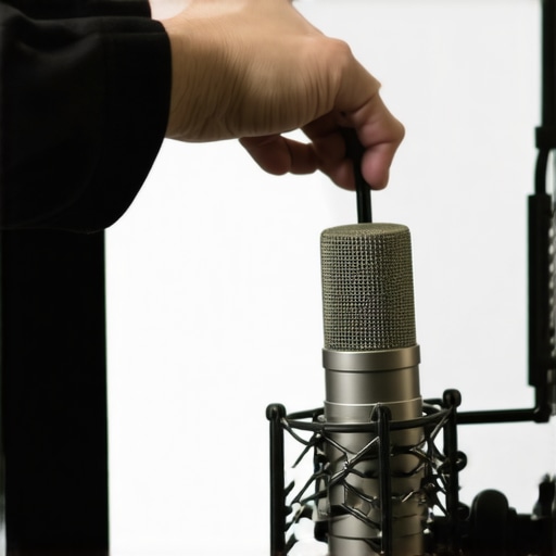 Close-up of a person creating a DIY pop filter using a black t-shirt and wire frame for a microphone.