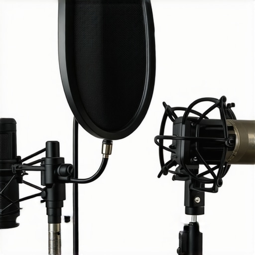 A handmade pop filter using a coat hanger and t-shirt attached to a studio microphone