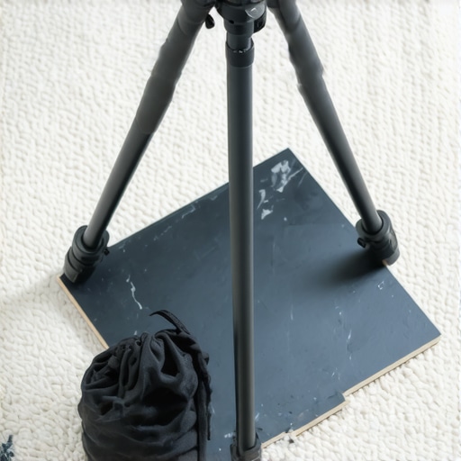 A tripod stabilized on carpet using a plywood base and a center-column sandbag.