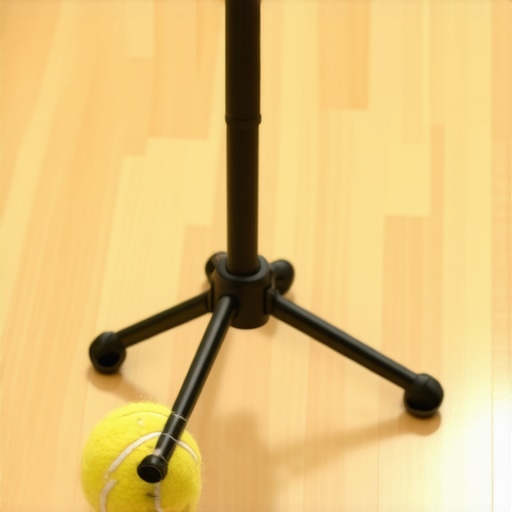 DIY tennis ball microphone stand isolation Close-up of a tennis ball used as a vibration isolator on a microphone stand leg.