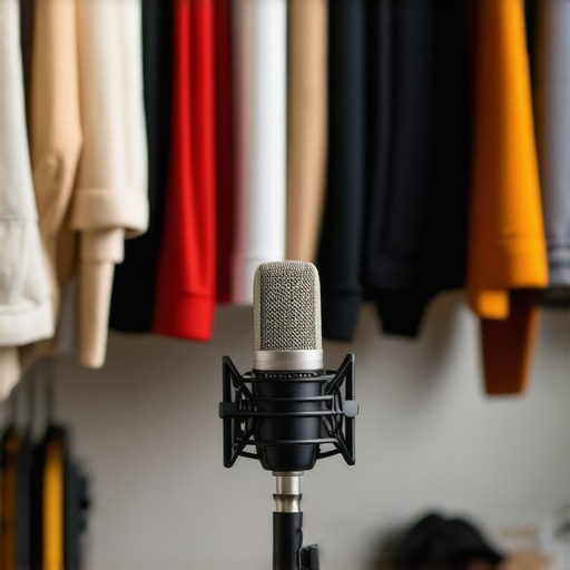 A home studio setup inside a closet with hanging clothes for better sound quality.