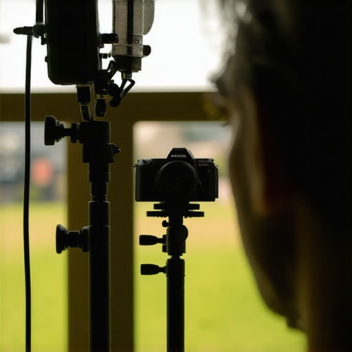 A shotgun microphone on a boom arm positioned away from the camera lens to avoid motor noise.