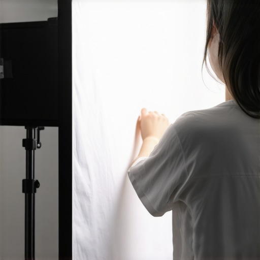 A content creator demonstrating the double diffusion move using a softbox and an extra layer of white fabric.