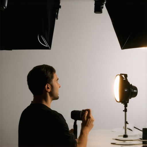 A studio light pointed at the ceiling to create soft diffused light for video recording.