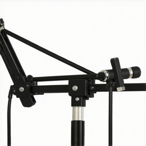 Elastic Counter-Tension Rig on Studio Boom Arm Close-up of a studio microphone boom arm reinforced with a black bungee cord for tension balance
