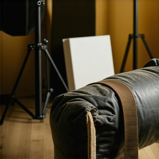 A heavy-duty C-stand with a black sandbag on the leg to prevent camera gear from tipping.