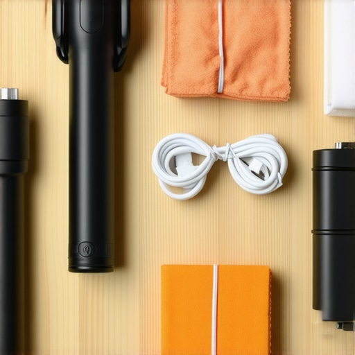 Close-up of camera cleaning tools and dummy battery for studio maintenance.