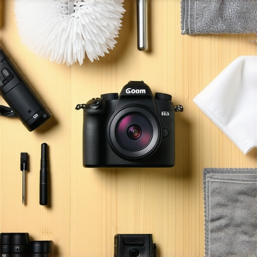 Close-up of camera cleaning kit and mirrorless camera body on a desk.